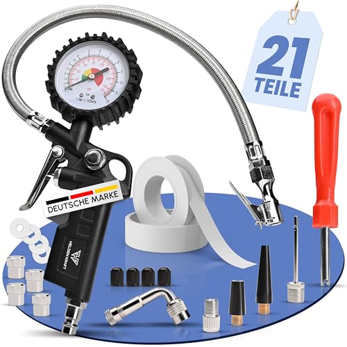 HELDENKRAFT® Reifendruckprüfer & Reifenfüller [0-12 bar] - 22-tlg. Manometer-Set zum Messen, Füllen & Ablassen von Druckluft inkl. Adapter & Zubehör [Auto, Motorrad, Fahrrad, LKW] von HELDENKRAFT