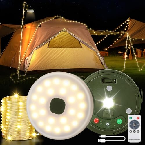 Camping Lichterkette Aufrollbar 10M, Vielseitige Tragbare Wiederaufladbare Camping Licht mit 9 Beleuchtungsmodi, Wasserdichte USB Aufladung Campinglampe für Zelt Camping Hof Dekoration und Wandern von HELESIN