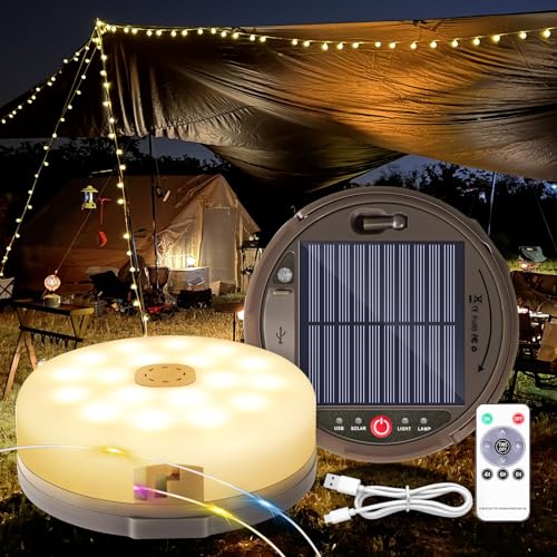 HELESIN Campinglampe Mehrfarbig mit 12.8M 128 LED Camping Lichterkette Aufrollbar, Solar&USB Aufladung Camping Lampe Tragbare 3600mAh, Solar Camping licht Dimmbar 5 Modi für Camping Party Gartendeko von HELESIN