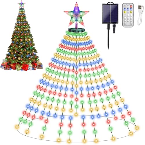 HELESIN Solar Lichterkette Weihnachtsbaum mit Ring und Star Topper, Lichterkette Weihnachtsbaum 400er LED mit 8 Modi Timer Wasserdicht USB betrieben Weihnachtsbeleuchtung Außen für Baum (Farbig) von HELESIN
