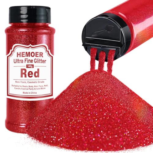 HEMOER Rot Glitzerpulver, 140g Bastel Glitzerpulver für Epoxidharz, DIY Basteln, Feine Handwerk Glitter für Tumbler Malerei Kerze Herstellung; Kosmetischer Glitzer, Haare, Körper Nagel Glitzer von HEMOER