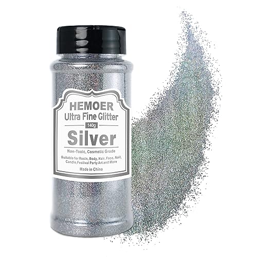 HEMOER Silber Glitzerpulver, 140g Bastel Glitzerpulver für Epoxidharz, DIY Basteln, Feine Handwerk Glitter für Tumbler Malerei Kerze Herstellung; Kosmetischer Glitzer, Haare, Körper Nagel Glitzer von HEMOER