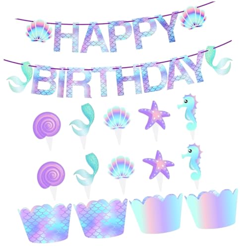 HEMOTON 51Stücke Teiliges Meerjungfrau Kuchen Topper für Geburtstagsfeiern Cupcake Deko mit Bunten Einsätzen und Flaggen für Hochzeiten und Themenpartys von HEMOTON