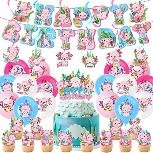 36 Stück Axolotl Geburtstagsparty-Dekorationen, einschließlich Axolotl Happy Birthday Banner, hängende Wirbel, Kuchendekoration, Cupcake-Topper und Luftballons von HEMYTAP