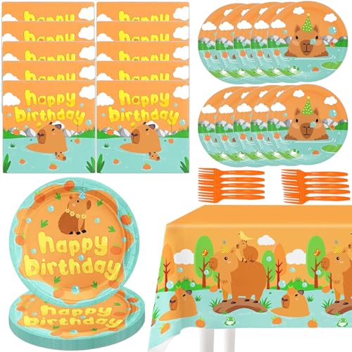 Capybara Geburtstagsparty-Zubehör, Dekorationen, inklusive Tischdecke, Teller, Servietten und Geschirr für Kinder, Babyparty, Capybara-Themen, Partyzubehör Capybara Geburtstagsparty-Zubehör, Dekorationen, inklusive Tischdecke, Teller, Servietten und Geschirr für Kinder, Babyparty, Capybara-Themen, Partyzubehör von HEMYTAP