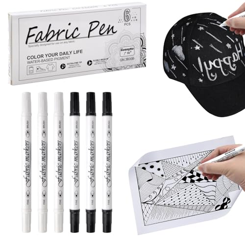 6 Stück Textilstifte Waschmaschinenfest, Weiß und Schwarz Dual-Tip-Stoffmarker Permanent, 1-5mm Stoff stifte waschfest Textilmarker, Ungiftige Stoffmalstifte zum Personalisieren von Hemden Taschen von HENGBIRD