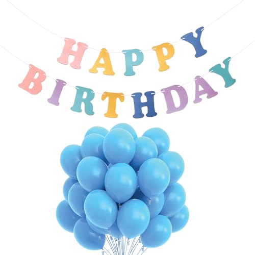 HENGBIRD Happy Birthday Girlande Geburtstagsgirlande Girlande Geburtstag Geburtstag Banner Geburtstagsdeko mit 20 Pcs Blauer Ballon zur Junge Mädchen Foto Hintergrund Hängedeko (Macaron-Farbe) von HENGBIRD