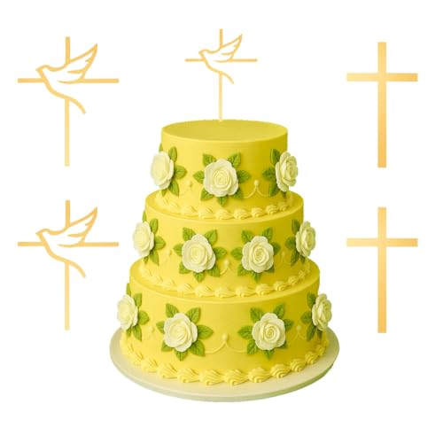 HENGBIRD 4 Pcs Tortendeko Kommunion, Kuchendeko Kreuz für Spiegel Kuchen Topper Kuchen Dekoration Cake Topper Kommunion für Taufe Hochzeit Cake Topper Taube Gold Acryl Torte Deko Kommunions Tortendek von HENGBIRD