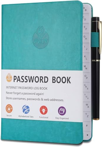Passwortbuch, Passwort buch mit alphabetischen Tabs mit Register A-Z, und Gelstifte, Organizer für Websites Benutzernamen und Passwörtern Platz für 480 Passwörter mit Stiftschlaufe Innentasche(Türkis) von HENGBIRD