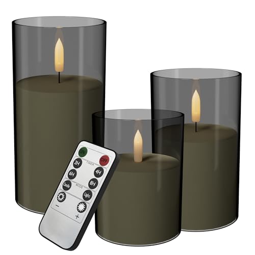 HENGMEI LED Kerzen Flackernde Flammenlosekerzen mit Fernbedienung Acryl Shell Pillar Batteriebetriebene Flamme-Kerzen Für Weihnachtsdekoration Heimdekoration, Typ A(Grau, 3er-Set) von HENGMEI