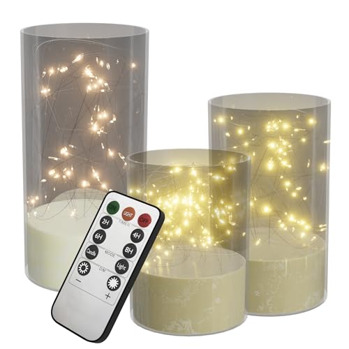 HENGMEI LED Kerzen Flackernde mit Eingelassener Lichterkette Flammenlosekerzen mit Fernbedienung Batteriebetriebenekerzen Für Weihnachtsdekoration Heimdekoration, Typ C(Transparent, 3er-Set) von HENGMEI