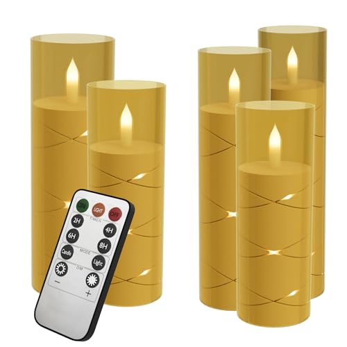HENGMEI LED Kerzen Flackernde mit Eingelassener Lichterkette Flammenlosekerzen mit Fernbedienung Batteriebetriebenekerzen Für Weihnachtsdekoration Heimdekoration, Typ D(Gold, 5er-Set) von HENGMEI