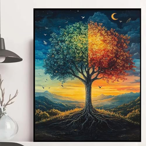 Baum des Lebens Diamond Painting 90×120cm, Landschaft Diamond Painting Erwachsene Anfänger 5D DIY Runder Vollbohrer Diamanten Malerei Mosaik Bastelset Erwachsene für Zimmer Deko, Geschenke -hjw250833 von HENJGWEG