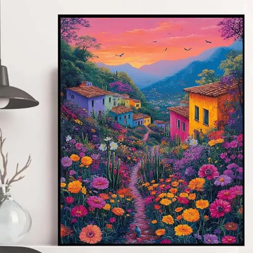 Blumen Diamond Painting 90x120cm, Häuser Diamond Painting Erwachsene Anfänger 5D DIY Runder Vollbohrer Diamanten Malerei Mosaik Bastelset Erwachsene für Zimmer Deko, Geschenke für Frauen -hjw2508G9 von HENJGWEG