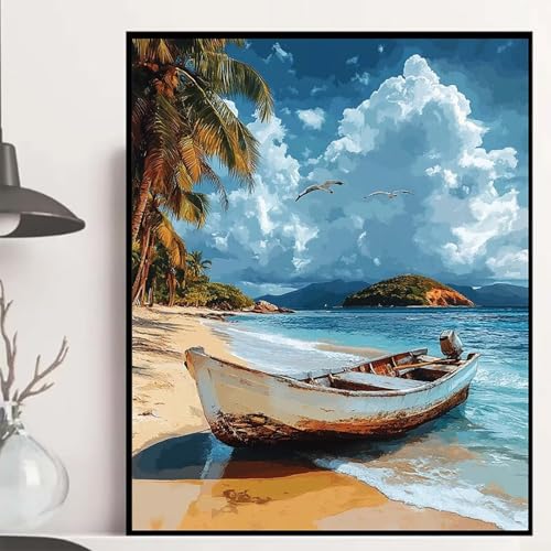 Boot Diamond Painting 80x60cm, Strand Diamond Painting Erwachsene Anfänger 5D DIY Runder Vollbohrer Diamanten Malerei Mosaik Bastelset Erwachsene für Zimmer Deko, Geschenke für Frauen -hjw250842 von HENJGWEG