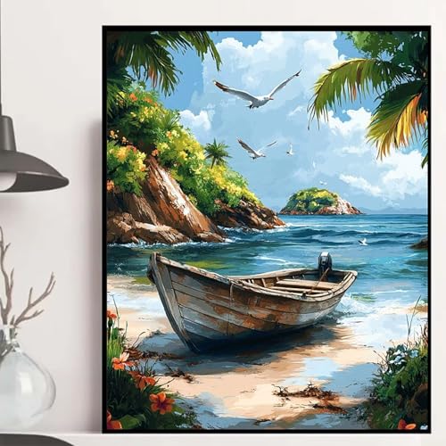Boot Diamond Painting 90×120cm, Strand Diamond Painting Erwachsene Anfänger 5D DIY Runder Vollbohrer Diamanten Malerei Mosaik Bastelset Erwachsene für Zimmer Deko, Geschenke für Frauen -hjw250866 von HENJGWEG