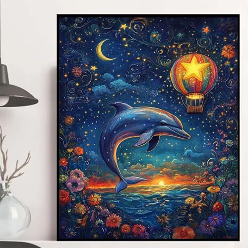 Delphin Diamond Painting 60x80 cm, Verträumt Diamond Painting Erwachsene Anfänger 5D DIY Runder Vollbohrer Diamanten Malerei Mosaik Bastelset Erwachsene für Zimmer Deko, Geschenke -hjw2508KM2LR von HENJGWEG