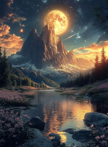 Diamond Painting Berg Diamond Painting Erwachsene, Crystal Art Mond Muster Design 5D DIY Runder Vollbohrer Diamanten Malerei Stickerei Kreuzstich Basteln für Deko Wohnzimmer 50x70 cm -hjw250844 von HENJGWEG