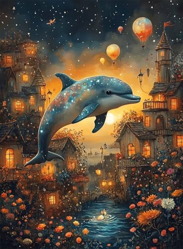Diamond Painting Delphin Diamond Painting Erwachsene, Crystal Art Burg Muster Design 5D DIY Runder Vollbohrer Diamanten Malerei Stickerei Kreuzstich Basteln für Deko Wohnzimmer 60×80cm -hjw2508F0 von HENJGWEG