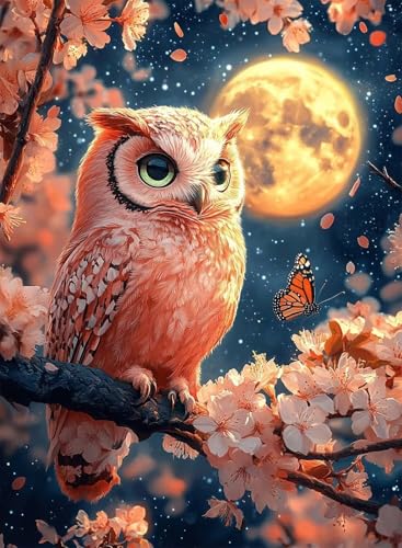 Diamond Painting Eule Diamond Painting Erwachsene, Crystal Art Kirschblüten Muster Design 5D DIY Runder Vollbohrer Diamanten Malerei Stickerei Kreuzstich Basteln für Deko Wohnzimmer 40×50cm -hjw2508F4 von HENJGWEG