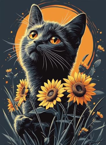 Diamond Painting Katze Diamond Painting Erwachsene, Crystal Art Sonnenblumen Muster Design 5D DIY Vollbohrer Diamanten Malerei Stickerei Kreuzstich Basteln für Deko Wohnzimmer 90x120 cm -hjw25081I von HENJGWEG