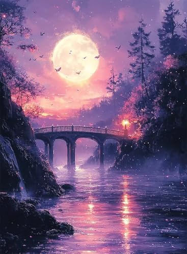 Diamond Painting Landschaft Diamond Painting Erwachsene, Crystal Art Mond Muster Design 5D DIY Runder Vollbohrer Diamanten Malerei Stickerei Kreuzstich Basteln für Deko Wohnzimmer 70x50cm -hjw25080R von HENJGWEG