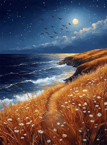 Diamond Painting Meer Diamond Painting Erwachsene, Crystal Art Mond Muster Design 5D DIY Runder Vollbohrer Diamanten Malerei Stickerei Kreuzstich Basteln für Deko Wohnzimmer 40x50 cm -hjw25085I von HENJGWEG