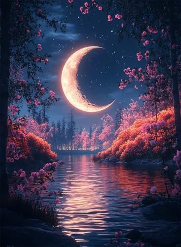 Diamond Painting Mond Diamond Painting Erwachsene, Crystal Art Landschaft Muster Design 5D DIY Runder Vollbohrer Diamanten Malerei Stickerei Kreuzstich Basteln für Deko Wohnzimmer 100x135cm -hjw25087M von HENJGWEG