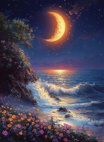 Diamond Painting Mond Diamond Painting Erwachsene, Crystal Art Landschaft Muster Design 5D DIY Runder Vollbohrer Diamanten Malerei Stickerei Kreuzstich Basteln für Deko Wohnzimmer 60x80 cm -hjw250826 von HENJGWEG