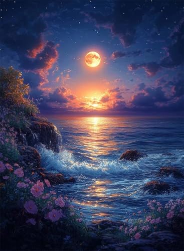 Diamond Painting Mond Diamond Painting Erwachsene, Crystal Art Meer Muster Design 5D DIY Runder Vollbohrer Diamanten Malerei Stickerei Kreuzstich Basteln für Deko Wohnzimmer 60x80cm -hjw25081951X von HENJGWEG