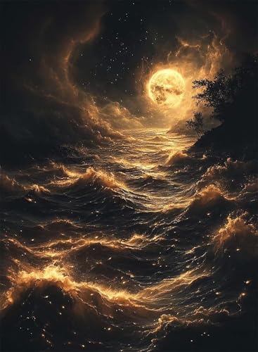Diamond Painting Mond Diamond Painting Erwachsene, Crystal Art Meer Muster Design 5D DIY Runder Vollbohrer Diamanten Malerei Stickerei Kreuzstich Basteln für Deko Wohnzimmer 90x120cm -hjw25083M von HENJGWEG
