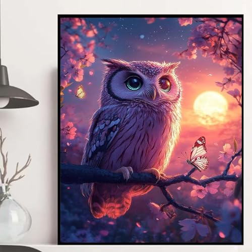Eule Diamond Painting 50x40cm, Blumen Diamond Painting Erwachsene Anfänger 5D DIY Runder Vollbohrer Diamanten Malerei Mosaik Bastelset Erwachsene für Zimmer Deko, Geschenke für Frauen -hjw2508GQ von HENJGWEG