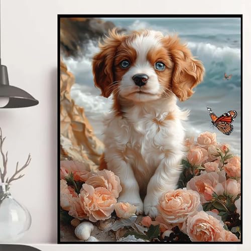 Hund Diamond Painting 60×80cm, Rose Diamond Painting Erwachsene Anfänger 5D DIY Runder Vollbohrer Diamanten Malerei Mosaik Bastelset Erwachsene für Zimmer Deko, Geschenke für Frauen -hjw2508QV51E von HENJGWEG