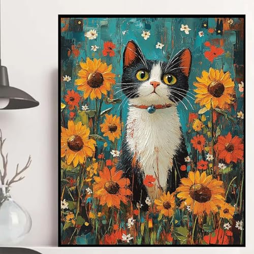 Katze Diamond Painting 60×80cm, Sonnenblumen Diamond Painting Erwachsene Anfänger 5D DIY Runder Vollbohrer Diamanten Malerei Mosaik Bastelset Erwachsene für Zimmer Deko, Geschenke -hjw25087Z53B von HENJGWEG