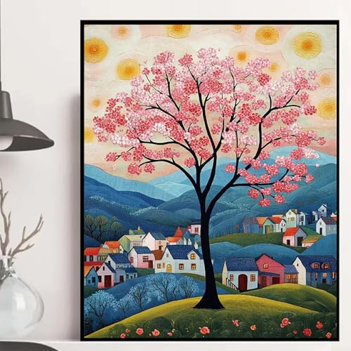 Kirschblüten Diamond Painting 90x120cm, Häuser Diamond Painting Erwachsene Anfänger 5D DIY Runder Vollbohrer Diamanten Malerei Mosaik Bastelset Erwachsene für Zimmer Deko, Geschenke -hjw25084HUE8 von HENJGWEG
