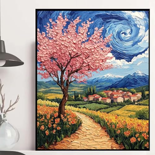 Kirschblüten Diamond Painting 90x120cm, Landschaft Diamond Painting Erwachsene Anfänger 5D DIY Runder Vollbohrer Diamanten Malerei Mosaik Bastelset Erwachsene für Zimmer Deko, Geschenke -hjw2508YJ von HENJGWEG