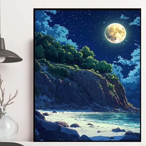 Landschaft Diamond Painting 100x135cm, Mond Diamond Painting Erwachsene Anfänger 5D DIY Runder Vollbohrer Diamanten Malerei Mosaik Bastelset Erwachsene für Zimmer Deko, Geschenke für Frauen -hjw250839 von HENJGWEG