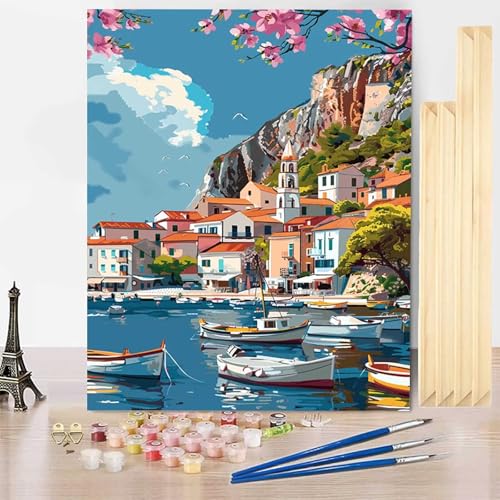 Malen Nach Zahlen Architektur Malen Nach Zahlen Erwachsene mit Rahmen, Paint by Numbers Boot Paint by Numbers Adult Inklusive 3 Pinsel und Acrylfarbe für Zimmer Deko Wohnzimmer (70 x 95 cm) -j25037I von HENJGWEG