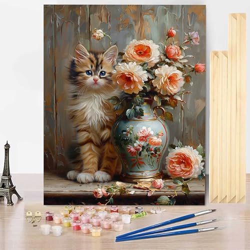 Malen Nach Zahlen Blume Malen Nach Zahlen Erwachsene mit Rahmen, Paint by Numbers Katze Paint by Numbers Adult Inklusive 3 Pinsel und Acrylfarbe für Deko Wohnzimmer, Geschenke (40x60cm) -j2503OP von HENJGWEG