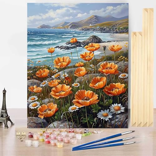 Malen Nach Zahlen Blume Malen Nach Zahlen Erwachsene mit Rahmen, Paint by Numbers Ozean Paint by Numbers Adult Inklusive 3 Pinsel und Acrylfarbe für Deko Wohnzimmer, Geschenke (40x60cm) -j250318 von HENJGWEG