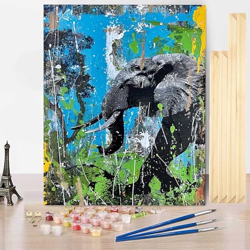 Malen Nach Zahlen Elefant Malen Nach Zahlen Erwachsene mit Rahmen, Paint by Numbers Tier Paint by Numbers Adult Inklusive 3 Pinsel und Acrylfarbe für Deko Wohnzimmer, Geschenke (20 x 30 cm) -j25034Y von HENJGWEG
