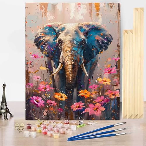 Malen Nach Zahlen Elefant Malen Nach Zahlen Erwachsene mit Rahmen, Paint by Numbers Tier Paint by Numbers Adult Inklusive 3 Pinsel und Acrylfarbe für Deko Wohnzimmer, Geschenke 40 X 50 CM -j2503R2 von HENJGWEG