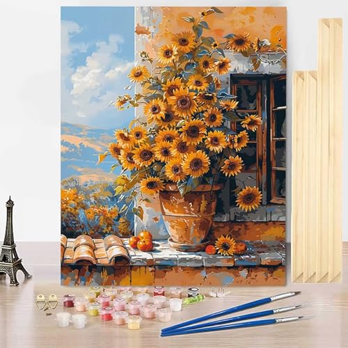 Malen Nach Zahlen Erwachsene Anlage Malen Nach Zahlen mit Rahmen, Paint by Numbers Sonnenblume Painting by Numbers Bastelset Erwachsene mit 3 Pinseln und Acrylfarbe für Deko Wohnzimmer (20x30cm) -j31Q von HENJGWEG