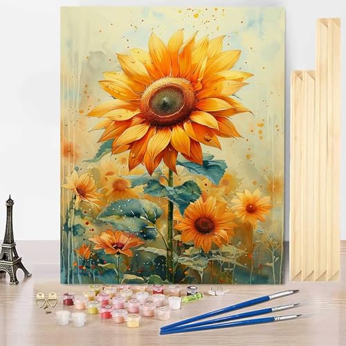 Malen Nach Zahlen Erwachsene Anlage Malen Nach Zahlen mit Rahmen, Paint by Numbers Sonnenblume Painting by Numbers Bastelset Erwachsene mit 3 Pinseln und Acrylfarbe für Zimmer Deko 70 x 95 cm -j3P8 von HENJGWEG