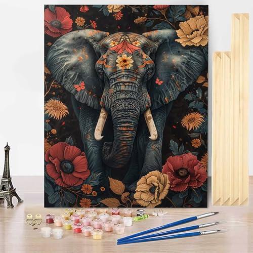 Malen Nach Zahlen Erwachsene Blume Malen Nach Zahlen mit Rahmen, Paint by Numbers Elefant Painting by Numbers Bastelset Erwachsene mit 3 Pinseln und Acrylfarbe für Deko Wohnzimmer (40 x 60 cm) -j032A von HENJGWEG
