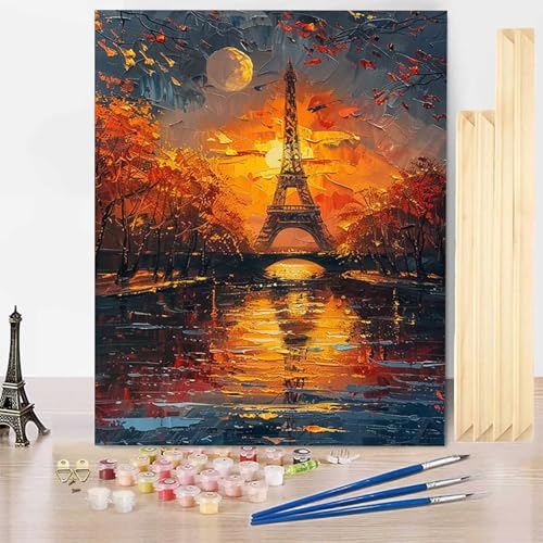 Malen Nach Zahlen Erwachsene Eiffelturm Malen Nach Zahlen mit Rahmen, Paint by Numbers Paris Painting by Numbers Bastelset Erwachsene mit 3 Pinseln und Acrylfarbe für Zimmer Deko (40 x 60 cm) -j3E6 von HENJGWEG