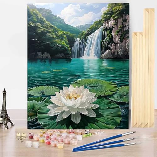 Malen Nach Zahlen Erwachsene Fallen Malen Nach Zahlen mit Rahmen, Paint by Numbers Lotus Painting by Numbers Bastelset Erwachsene mit 3 Pinseln und Acrylfarbe für Deko Wohnzimmer (70x95cm) -j2503UX von HENJGWEG
