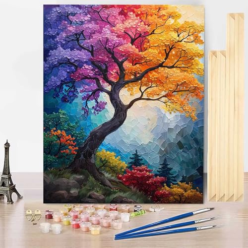 Malen Nach Zahlen Erwachsene Herbst Malen Nach Zahlen mit Rahmen, Paint by Numbers Baum Painting by Numbers Bastelset Erwachsene mit 3 Pinseln und Acrylfarbe für Deko Wohnzimmer 70 x 95 cm -j250310 von HENJGWEG