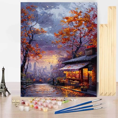 Malen Nach Zahlen Erwachsene Herbst Malen Nach Zahlen mit Rahmen, Paint by Numbers Stadt Painting by Numbers Bastelset Erwachsene mit 3 Pinseln und Acrylfarbe für Deko Wohnzimmer (60 x 80 cm) -j25037T von HENJGWEG