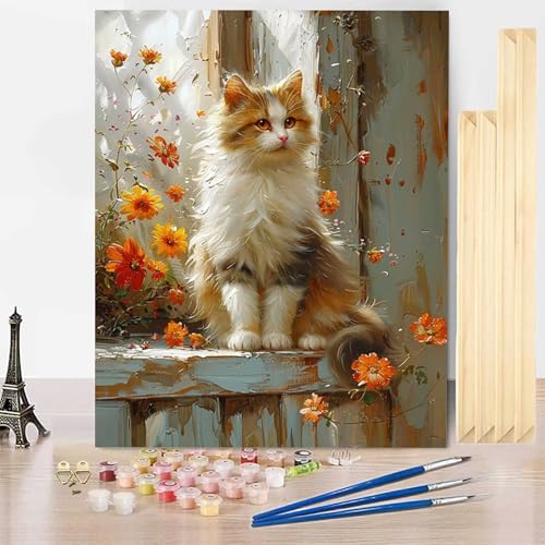 Malen Nach Zahlen Erwachsene Katze Malen Nach Zahlen mit Rahmen, Paint by Numbers Blume Painting by Numbers Bastelset Erwachsene mit 3 Pinseln und Acrylfarbe für Deko Wohnzimmer 60 X 80 CM -j2503P4 von HENJGWEG